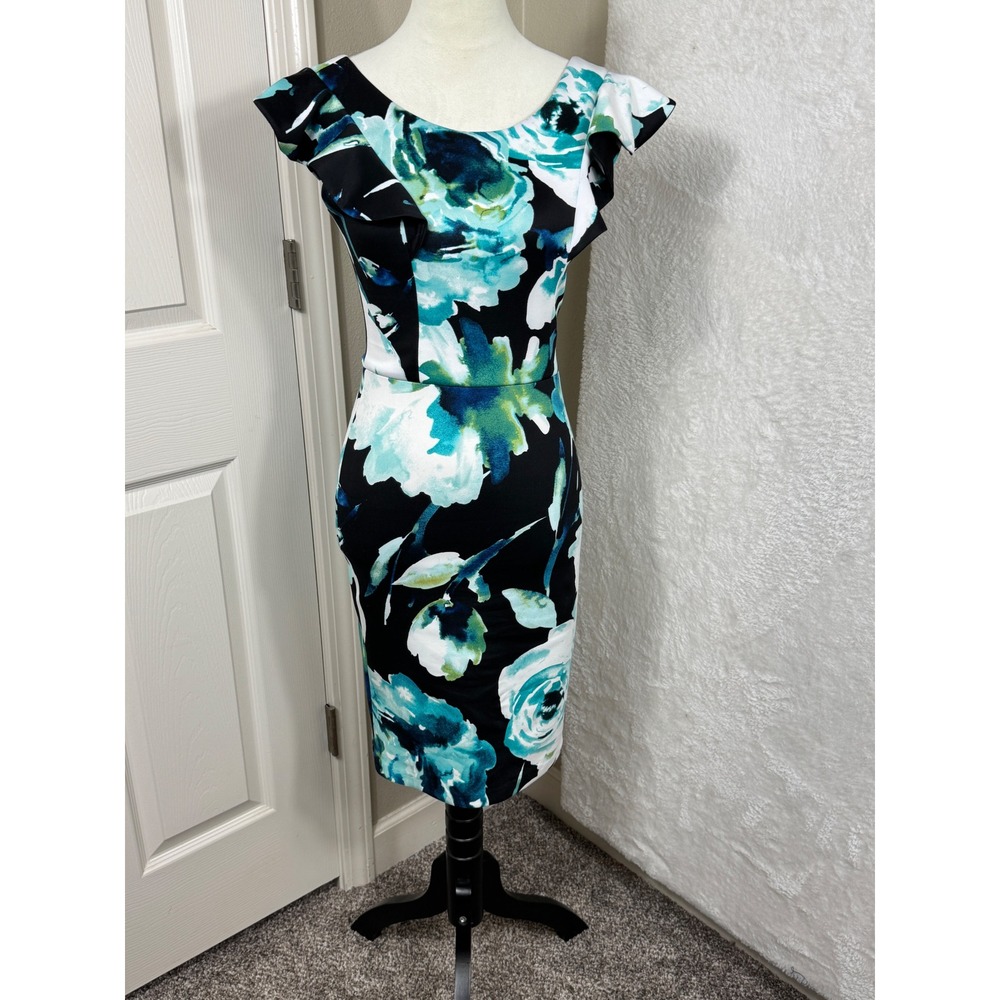 Love Ady Floral Bodycon Sheath Dress Ruffle‎ Sleeve Teal Black Party Girl Medium